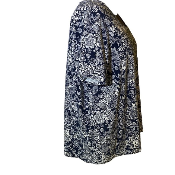 Liz & Me plus sz 4x (30-32)Navy white floral tunic top square neck short sleeve - Picture 2 of 8